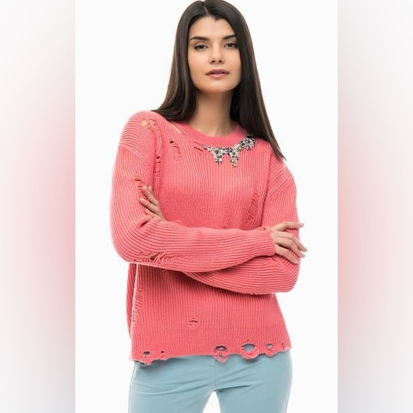 Pinko distressed ribbed knit sweater with a crystal-embellished collar - Picture 10 of 16